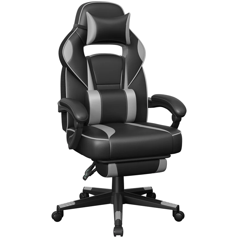 SONGMICS Racing Gaming Chair, Adjustable Office Chair with Footrest, Ergonomic Design, Headrest, Lumbar Support, 150 kg Weight Capacity, Ink Black and Dove Grey OBG073BH08