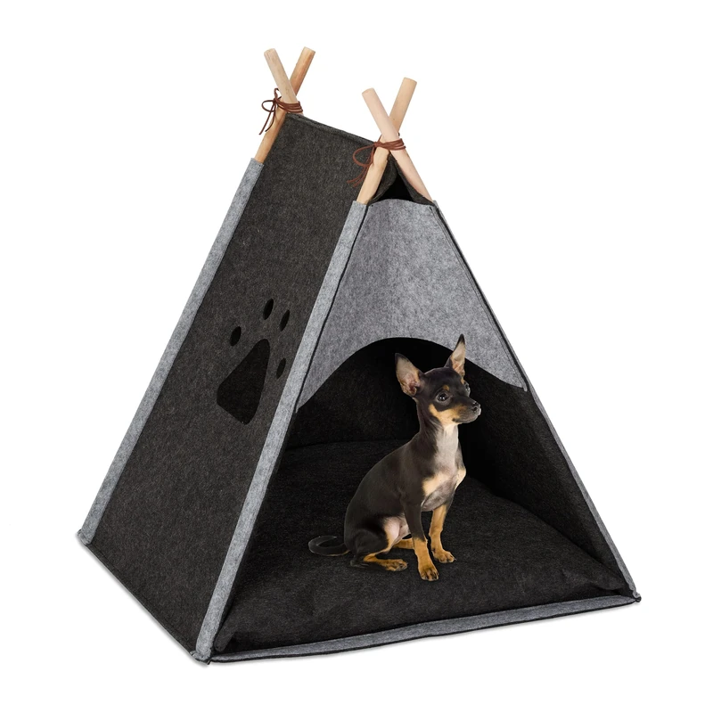 Relaxdays Dog Tent, Large Teepee Retreat for Cats, Felt & Wood, Cushion, 70.5x59.5x59cm, Dark Grey