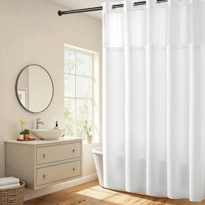 River Dream No Hooks Required Waffle Weave Shower Curtain with Snap in Liner -Extra Long 71W x 86H,Hotel Grade,Spa Like Bath Curtain,White
