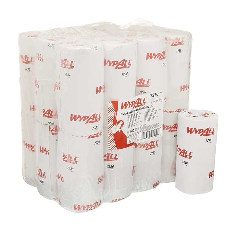 WypAll L10 Food & Hygiene Wiping Paper 7236-1 Ply Compact Cleaning Wipes - 24 Rolls x 165 White Paper Wipes (3960 Total)