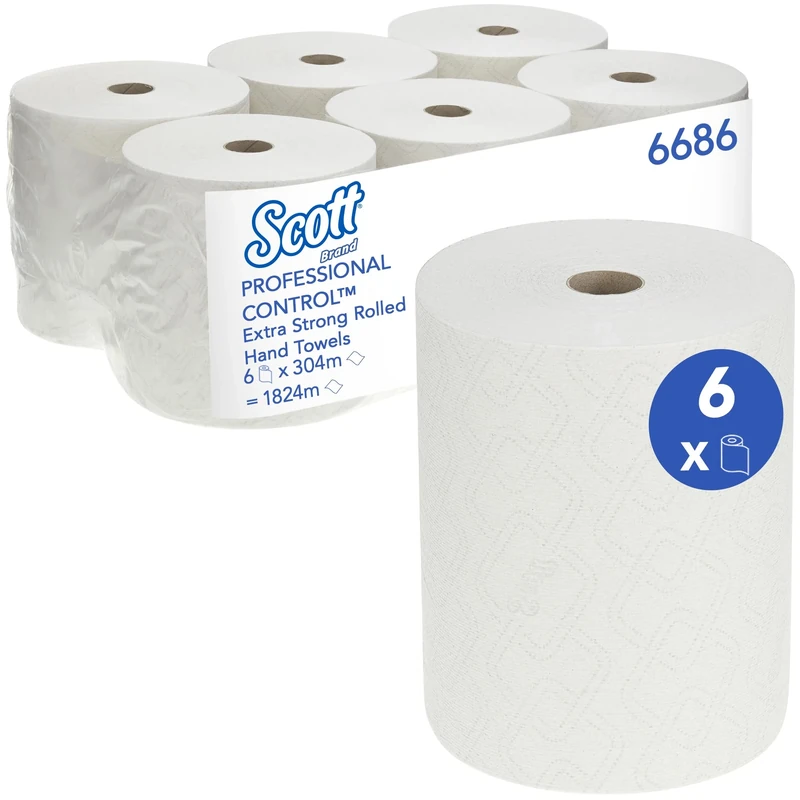 Scott Hand Towels 6686 – White Paper Roll Towels, 1-Ply, Ultra-Absorbent & Strong, Ideal for Washrooms – 6 Rolls x 304m (1,824m Total)
