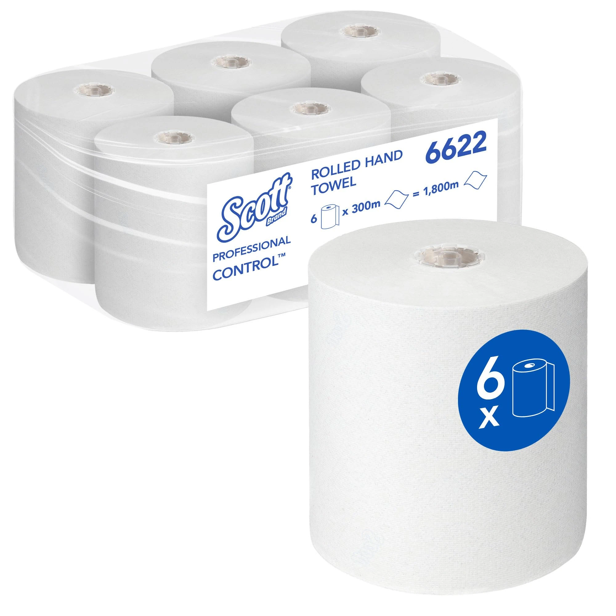 Scott 6622 Rolled Hand Towels, White Paper Towel Rolls for Hygienic Hand Drying, Embossed & Disposable, 1-Ply, Food Contact Certified, 6 x 300m (1,800m Total)
