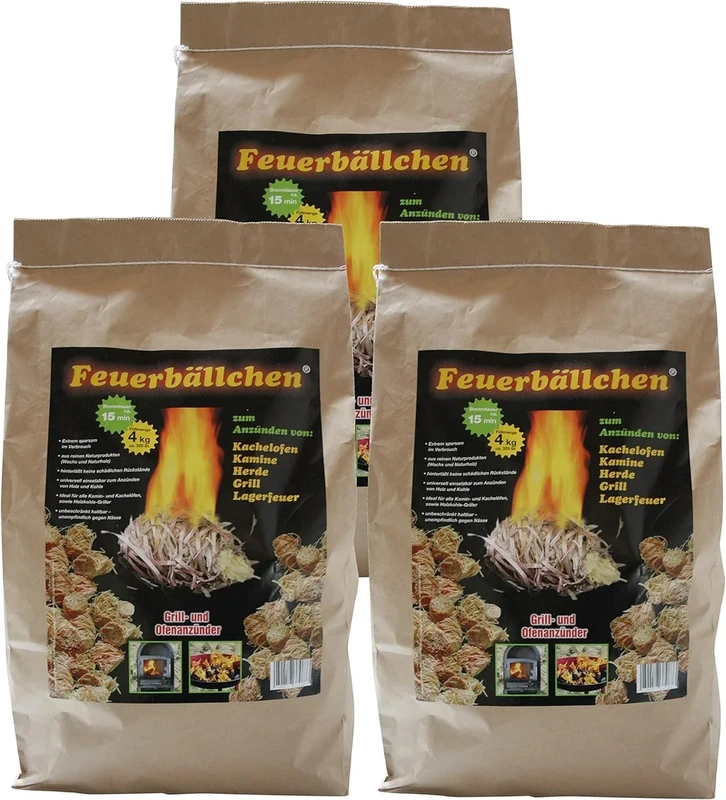 RaiffeisenWaren Fire Balls, Barbecue Lighter, Fireplace Lighter, Lighting Aid (Ecological Lighting Wool Made from Natural Products, for Lighting the Charcoal or Campfires or Fireplaces), 3 Bags of 4
