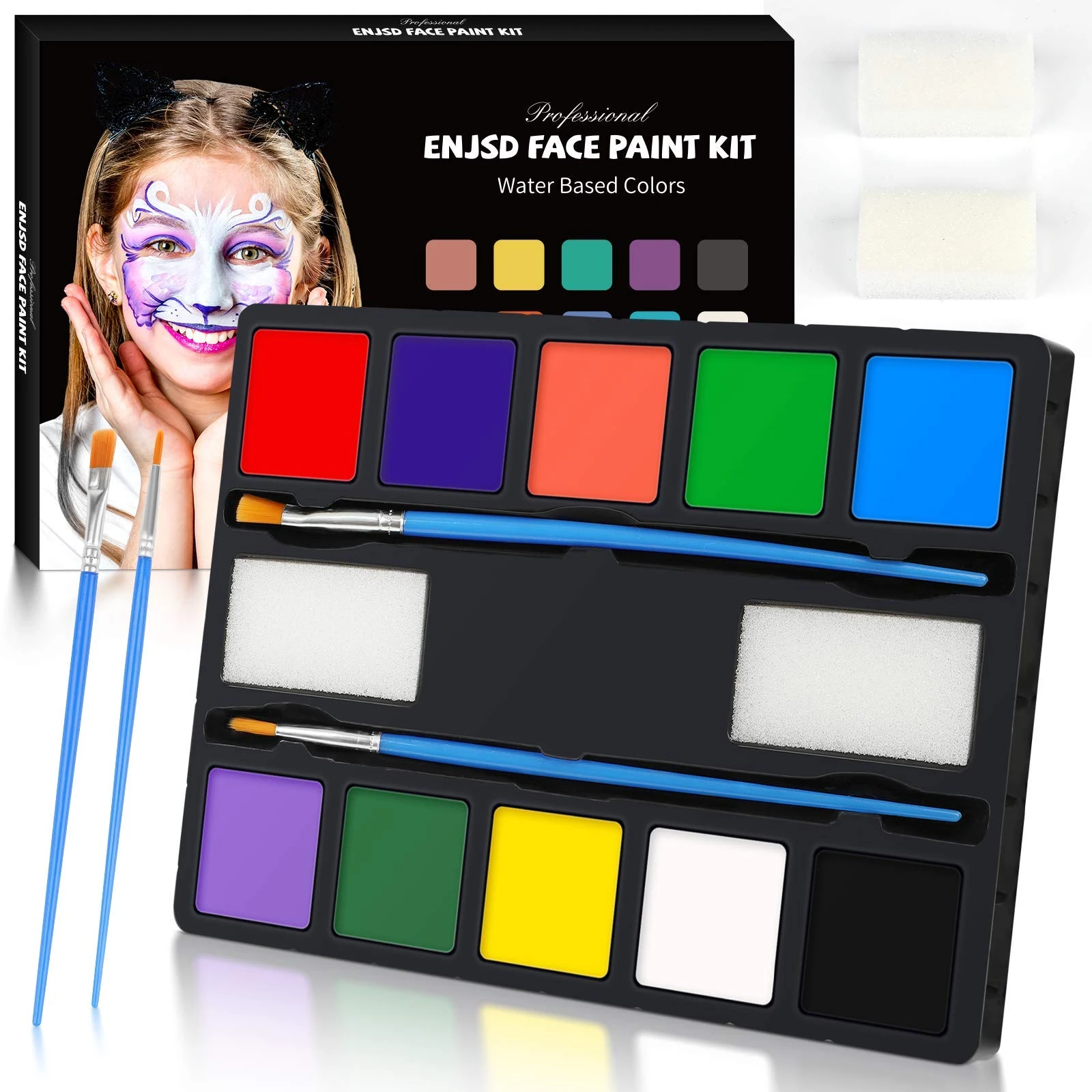 ENJSD Face Paint 14 PCS, Face Paint for Kids and Adults, Water Based Non-Toxic 10 Vivid Colors, 2 Brushes & Sponges, Easily Washable Safe Body Painting for Halloween Makeup and Cosplay