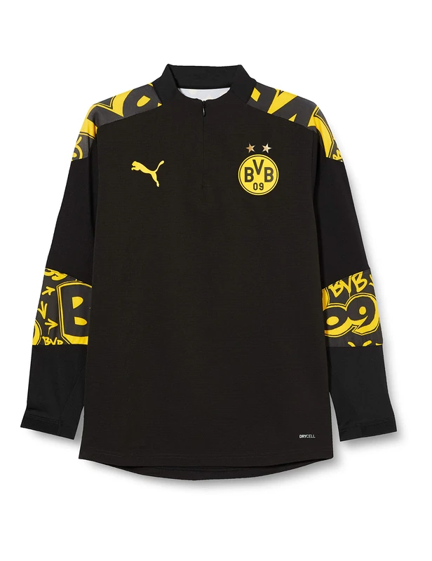 Puma BVB Stadium 1/4 Zip Top Jr Performance Tee - Black-Cyber Yellow-Away, 116