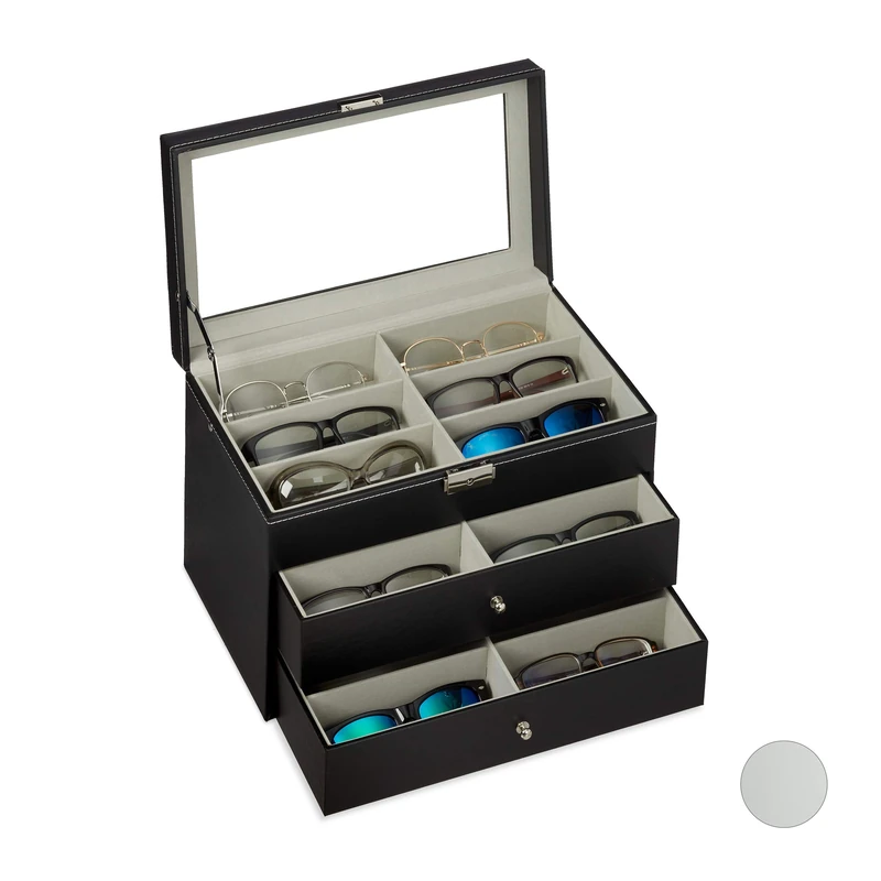 Relaxdays Box for 18 Glasses, Sunglasses Storage Case, HWD: 22.5x33.5x19cm, Faux Leather Crate, Black