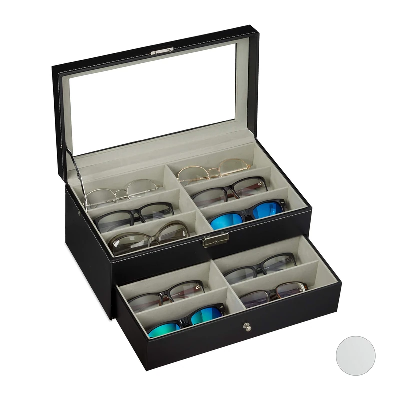 Relaxdays Box for 12 Glasses, Sunglasses Storage Case, Faux Leather Crate, PU, Black, 1 Piece,10027258_46