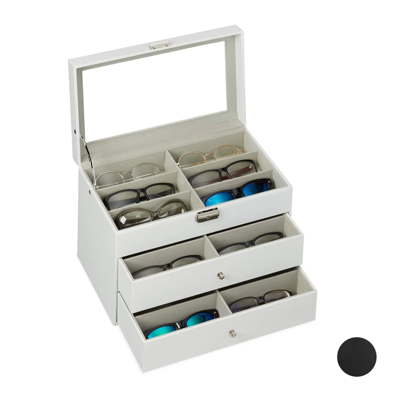 Relaxdays Box for 18 Glasses, Sunglasses Storage Case, HWD: 22.5x33.5x19cm, Faux Leather Crate, White