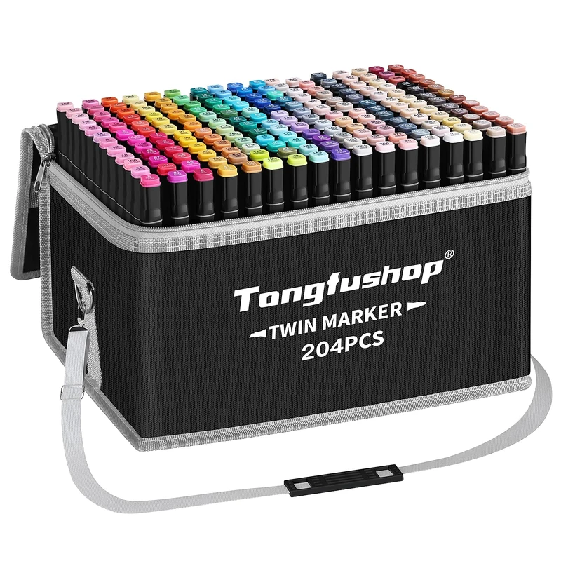 Tongfushop 204 Colored Marker Set, Colouring Pens for Adults, Dual Tip Art Alcohol Markers, Permanent Felt Tip Pens for Drawing, Sketching, Anime, Manga, Fun doodling with Carrying Case & Storage Base