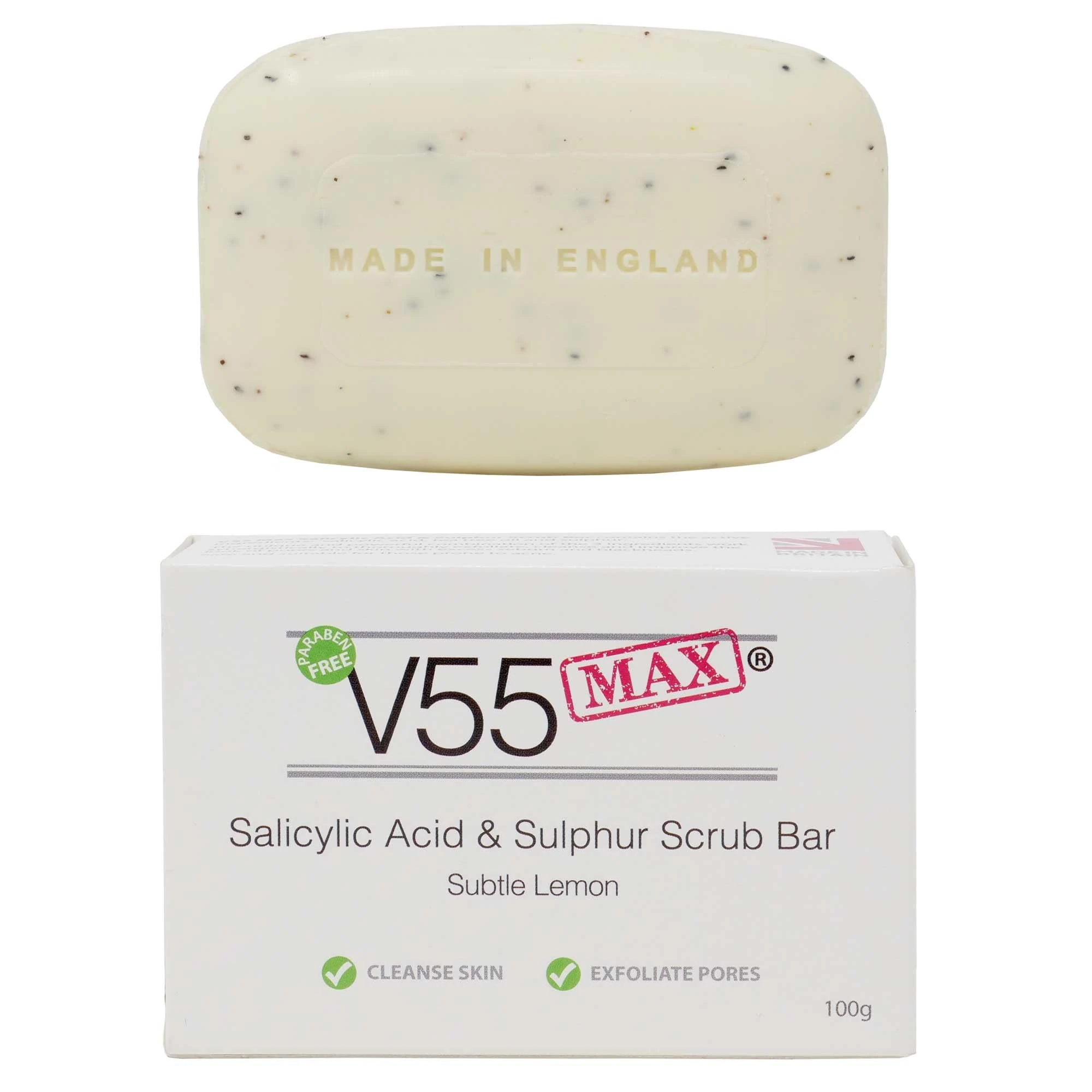 V55 MAX Salicylic Acid, Tea Tree Oil and Sulphur Soap Scrub for Spots Blackheads Milia Blemishes Problem Skin Suitable and Safe for those Prone to Acne - Paraben and Cruelty FREE - 100 g