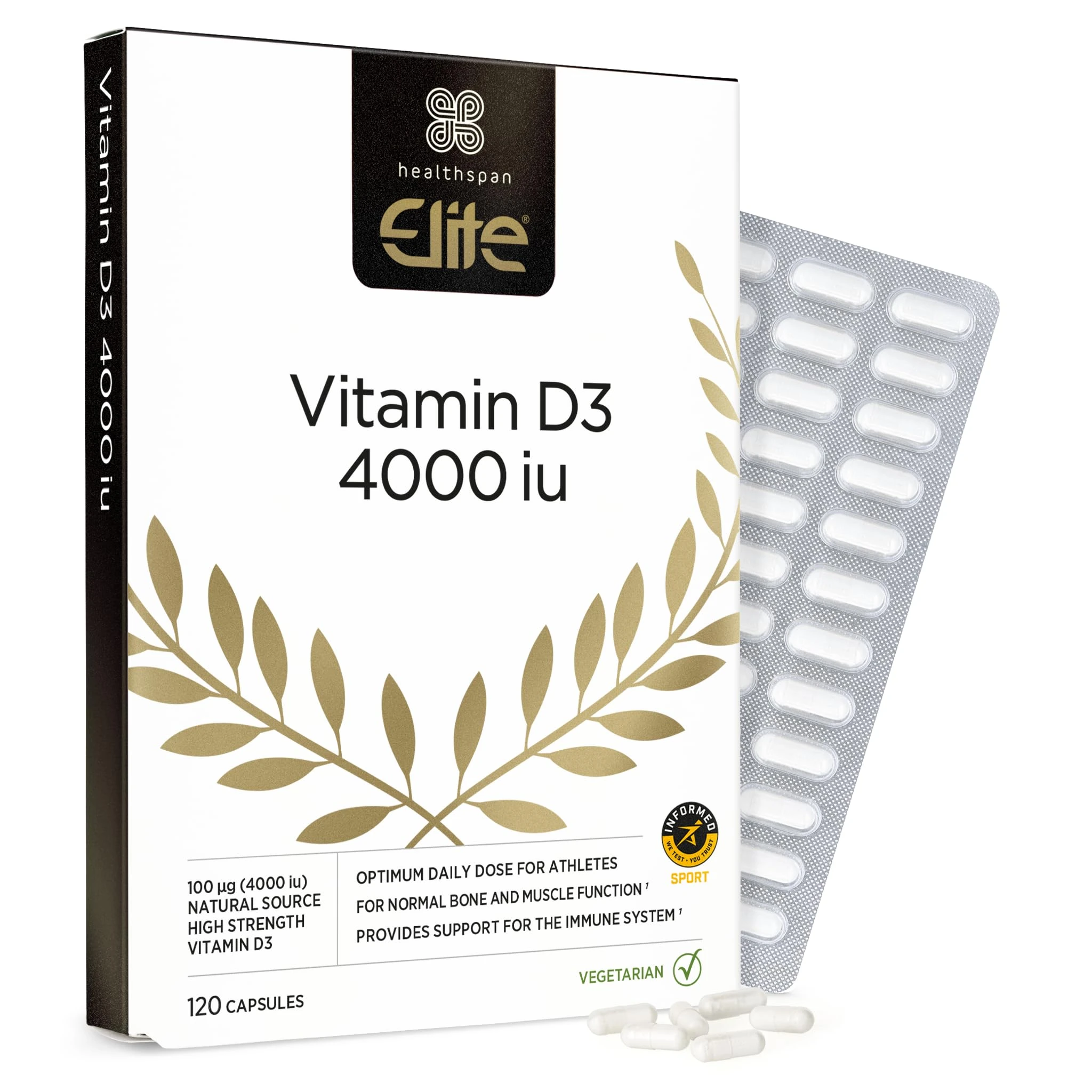 Healthspan Elite Vitamin D3 4,000iu | 120 Capsules | All Blacks Official Partner | Support Immune, Muscle & Bone Health | Informed-Sport Accredited | Vegetarian