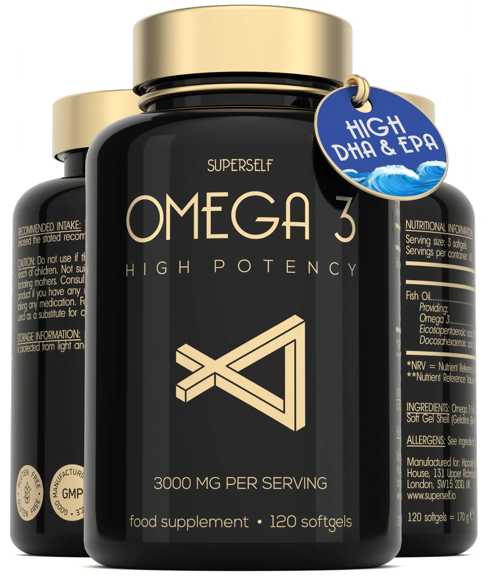 Fish Oil Omega 3 Capsules High Strength - 3000mg Triple Potency - Easy to Swallow with No Fishy Aftertaste - 120 Softgels - UK Made Omega 3 Supplements High in DHA & EPA - Pure & Sustainable Fish Oil