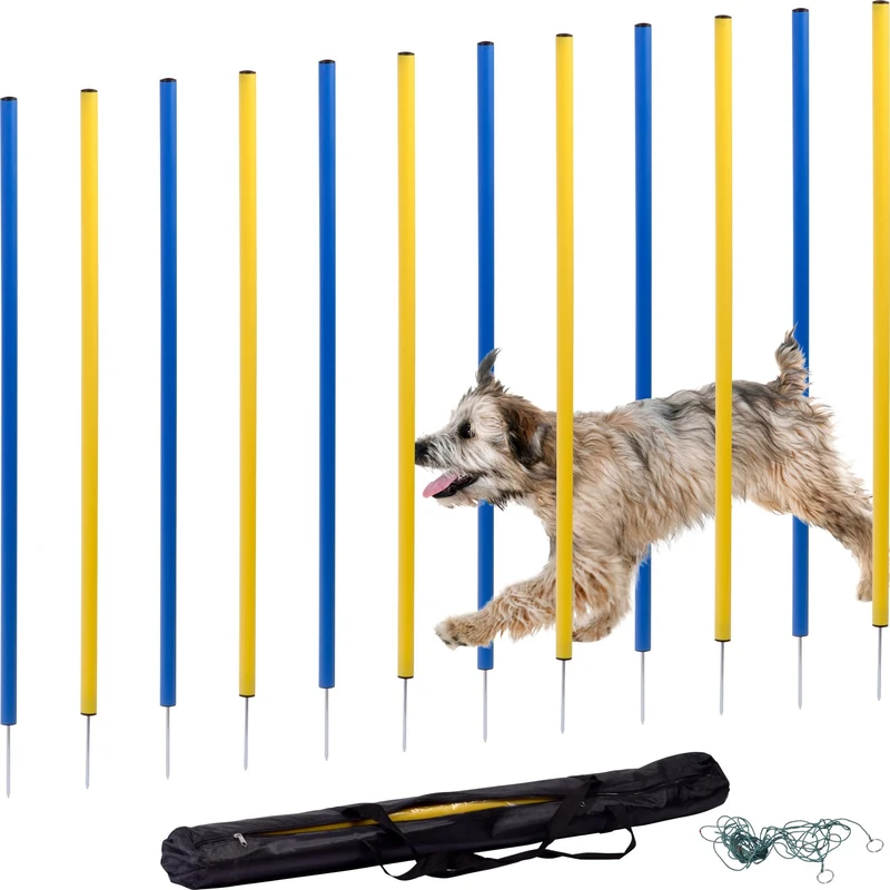 dobar® 50807 Agility Slalom Set, 12-Piece Agility Set for Dogs, Two-Tone Slalom Bars for Training, Skill Training in Set, Height 110 cm, Blue/Yellow - Image 1