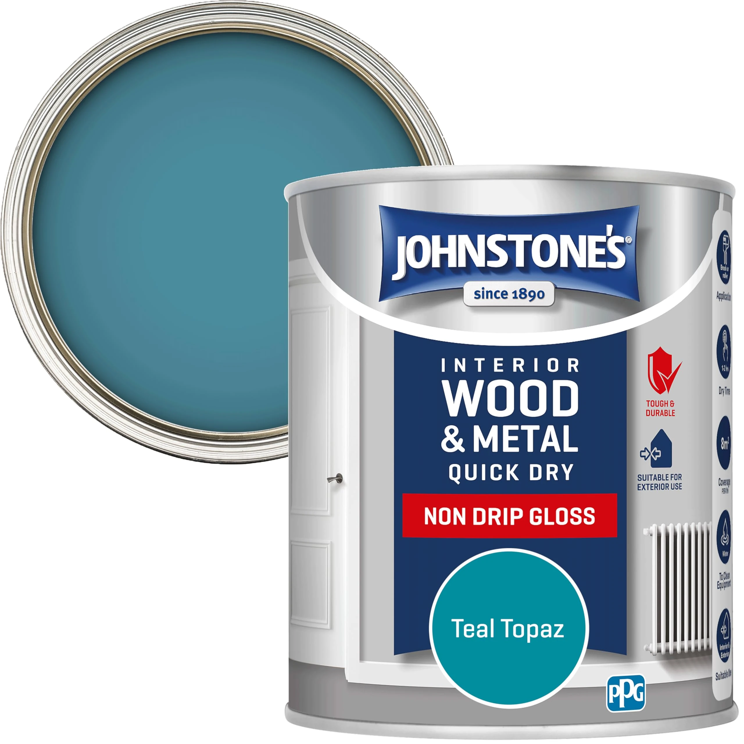 Johnstone's - Wood & Metal Paint - Gloss Finish - Teal Topaz - 750ml - Water Based - Non Drip & Quick Drying - Radiator Paint - Low Odour - Dry in 1-2 Hours - 8m2 Coverage per Litre