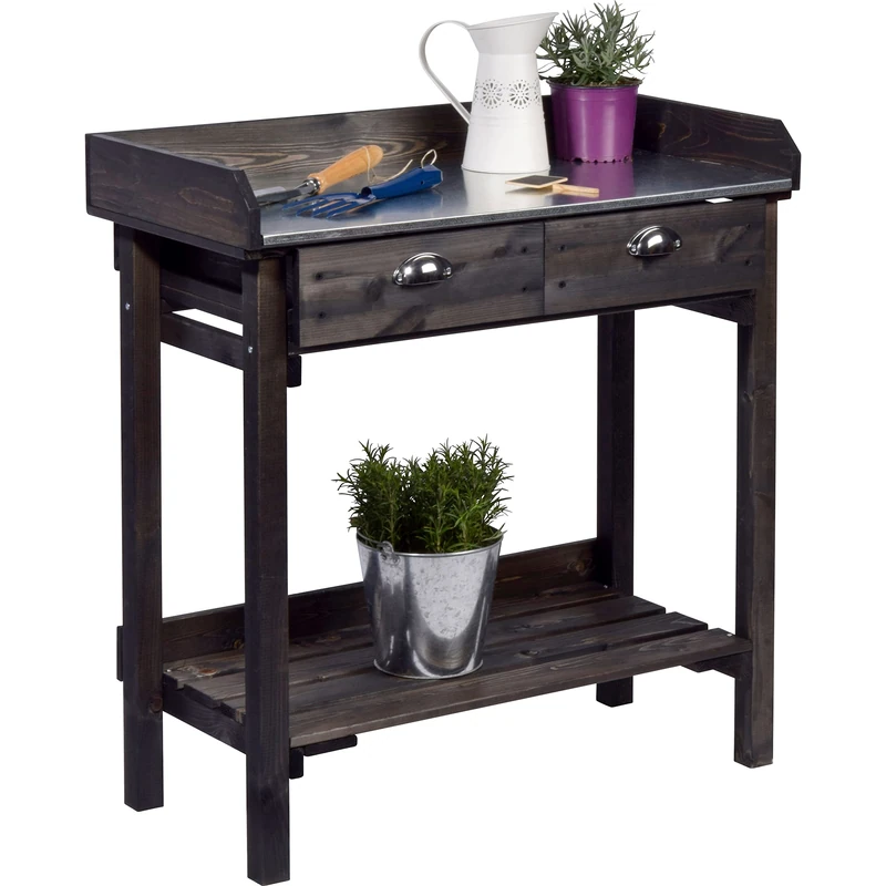 dobar 29031e Practical Planter Table with 2 Drawers and Shelf Area 79 x 39 x 90 cm Spruce Black - Image 1