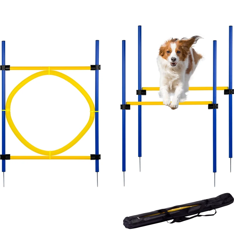 dobar 50808 Agility Jump Set Consisting of 4 Bars and Jump Tyre Assembled Approx. 100 x 76 cm, yellow/blue