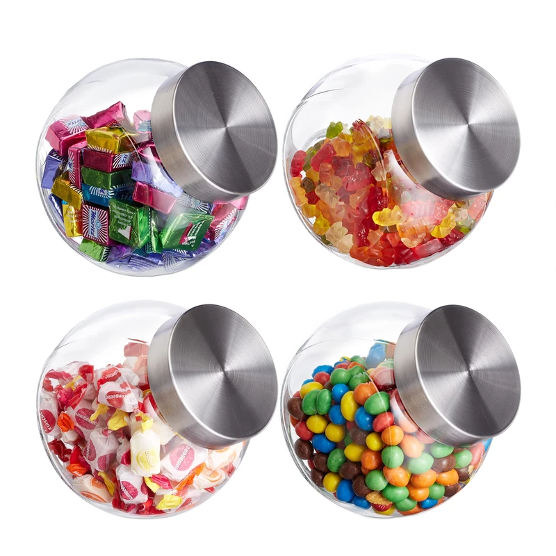 Relaxdays Storage Glass Jars Set of 4, 1.5 L, Candy, Flour, Sugar, Pasta, Cereals, Stainless Steel Lid, Transparent