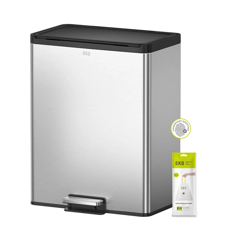 EKO Essential 40L Rectangular Kitchen Step Bin, 2 × 20L Recycling Compartments with Soft-Close Lid, Stainless Steel Pedal and Fingerprint-Resistant Finish for Waste & Recycling