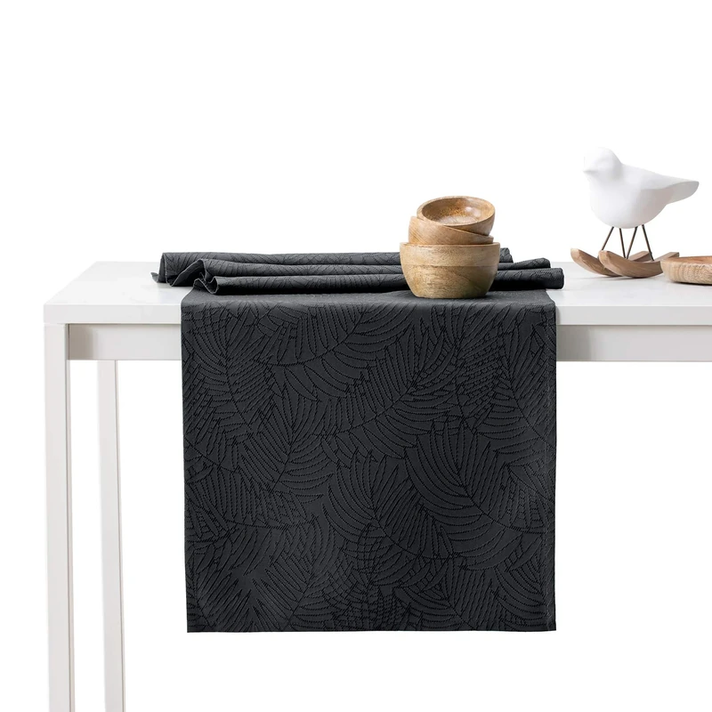 AmeliaHome Gaia Table Runner Set 35 x 300 cm and 115 x 300 cm Lotus Effect Water-Repellent Leaves Anthracite