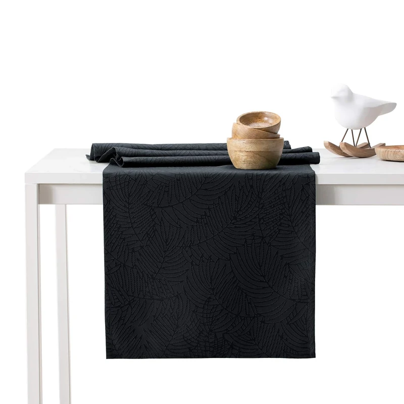 AmeliaHome Gaia Table Runner Set 35 x 250 cm and 115 x 250 cm Lotus Effect Water-Repellent Leaves Black