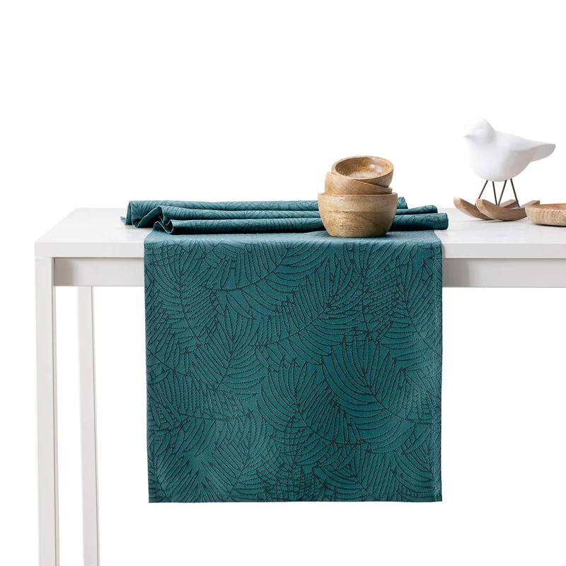 AmeliaHome Table Runner Set 35 x 200 cm and 115 x 200 cm Lotus Effect Water-Repellent Leaves Petrol Gaia