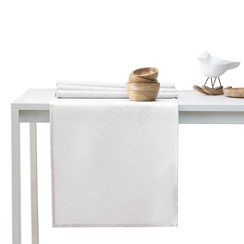 AmeliaHome Table Runner Set 35 x 300 cm and 115 x 300 cm Lotus Effect Water-Repellent Leaves Ecru Gaia