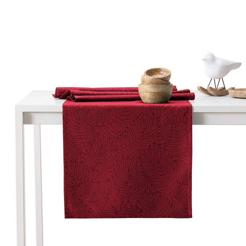 AmeliaHome Table Runner Set 35 x 180 cm and 115 x 180 cm Lotus Effect Water-Repellent Leaves Bordeaux Gaia