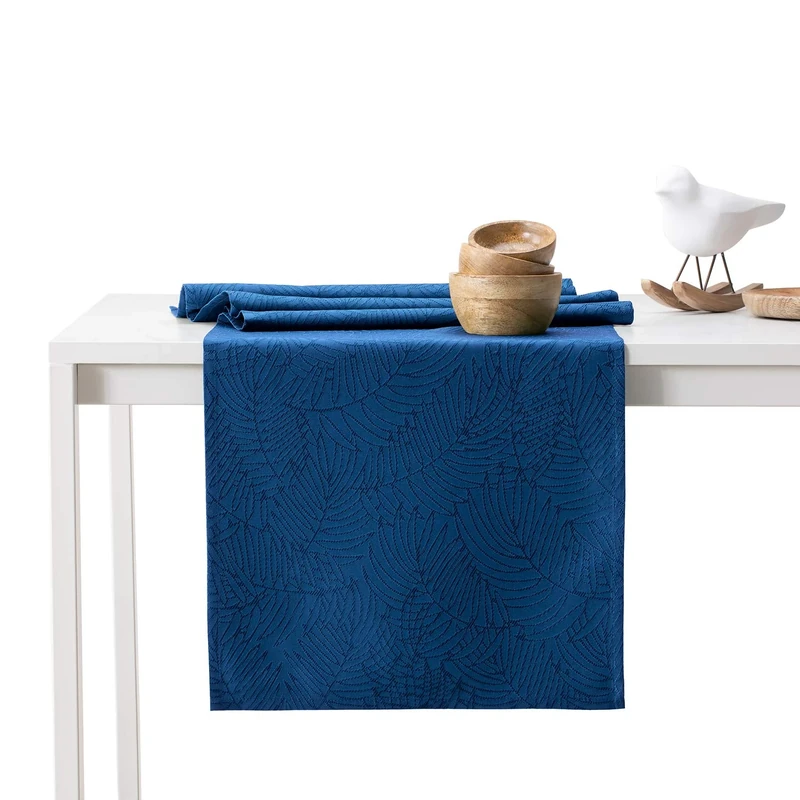 AmeliaHome Gaia Table Runner Set 35 x 300 cm and 115 x 300 cm Lotus Effect Water-Repellent Leaves Dark Blue