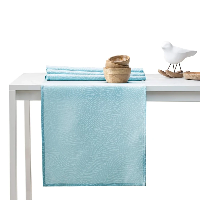 AmeliaHome Gaia Table Runner Set 35 x 180 cm and 115 x 180 cm Lotus Effect Water-Repellent Leaves Light Blue