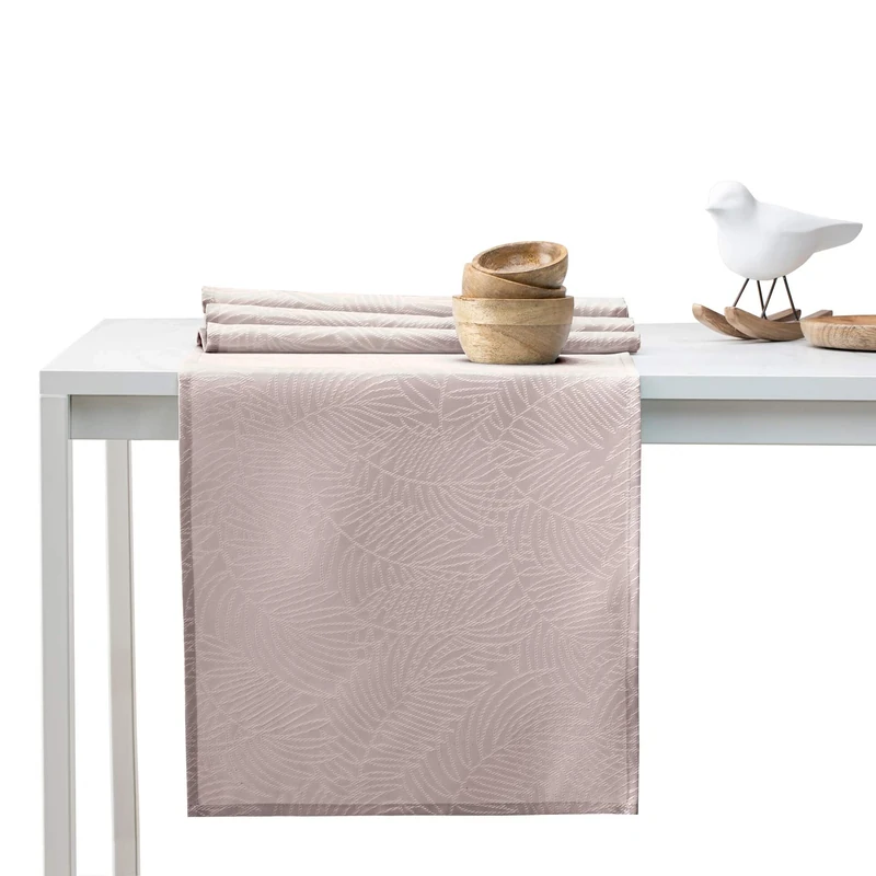 AmeliaHome Gaia Table Runner Set 35 x 180 cm and 115 x 180 cm Lotus Effect Water-Repellent Leaves Powder Pink