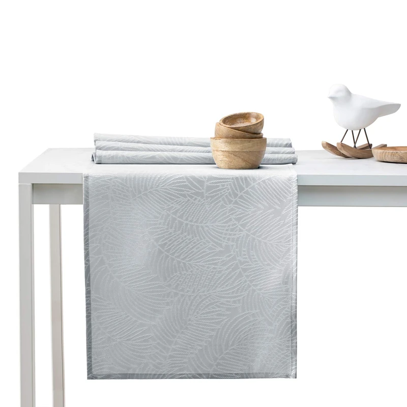 AmeliaHome Gaia Table Runner Set 35 x 200 cm and 115 x 200 cm Lotus Effect Water-Repellent Leaves Silver