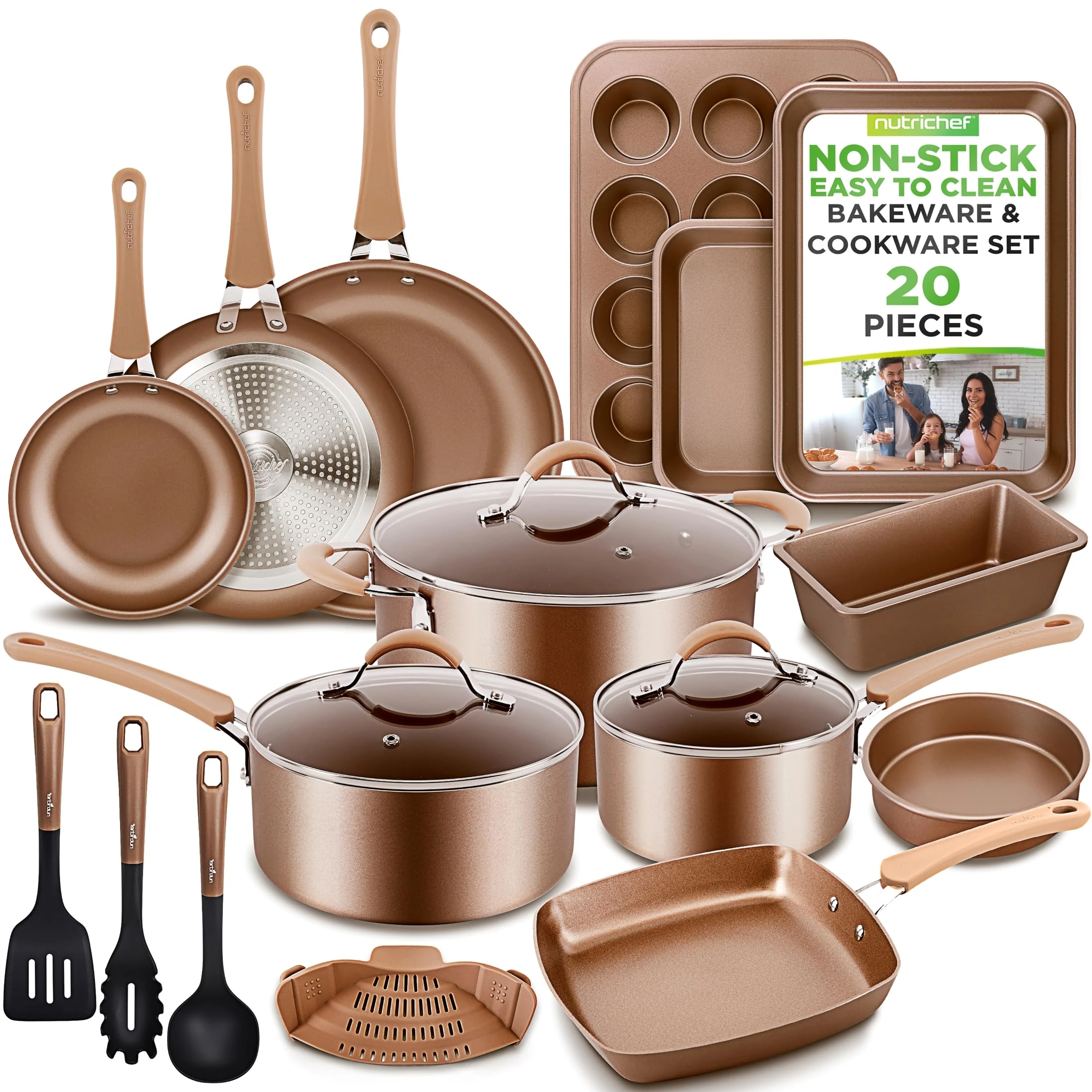 Nutrichef 20 Piece Pots and Pans Set, Bakeware and Cookware Set, Induction Hob Pots Set w/Lids, Non Stick Set, Heat Safe Silicone Handles, Saucepan, Frying Pans, Muffin Tin, Cookie Tray, Utensil-Gold