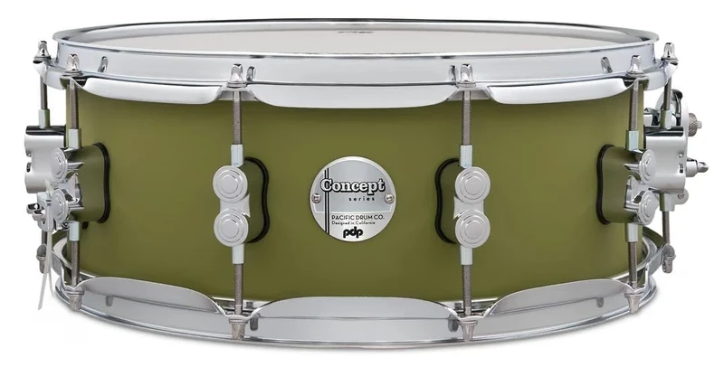 Pacific Drums Concept Maple Snare, 14" x 5.5", Satin Olive Finish Ply | Features a 10-ply European Maple shell and high-end DW drum hardware