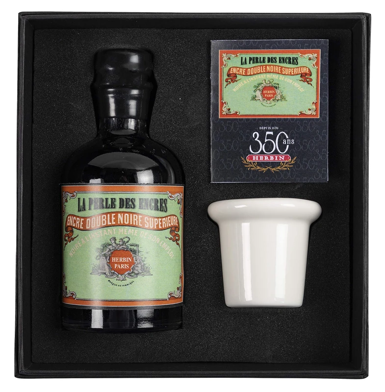 Jacques Herbin 27909T - A special 350th anniversary inkwell set including a porcelain inkwell, instructions and a 100 ml bottle of Perle noire ink Calligraphy - Image 1