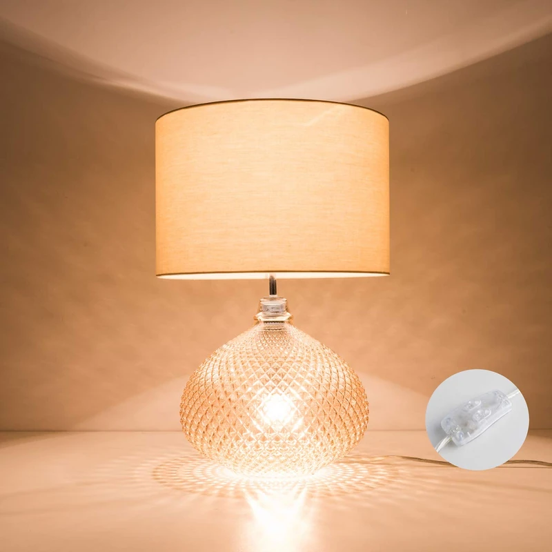 HARPER LIVING Glass Table Lamp with Twin On/Off Switches, UK/EU Plug, Amber Base Finish, Fabric Shade Taupe Finish, Suitable for LED Upgrade, Ideal for Living Room, Bedroom, Hallway, Hotel and B&B