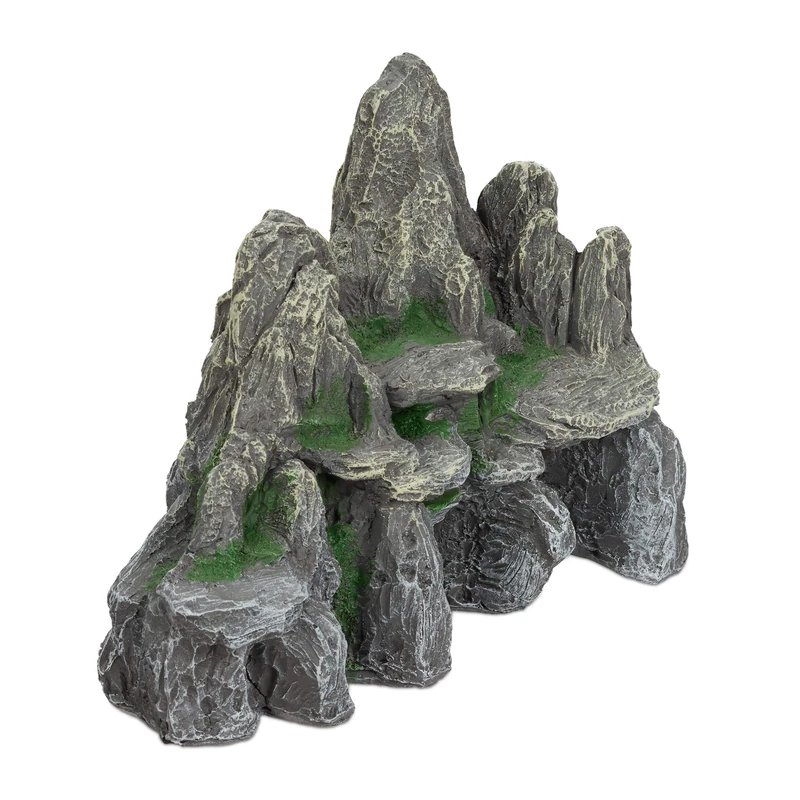 Relaxdays Aquarium Decoration, Rock Formation, Natural Look Ornament, Resin Stone Cave, Fish Tank, 21 cm, Grey/Green