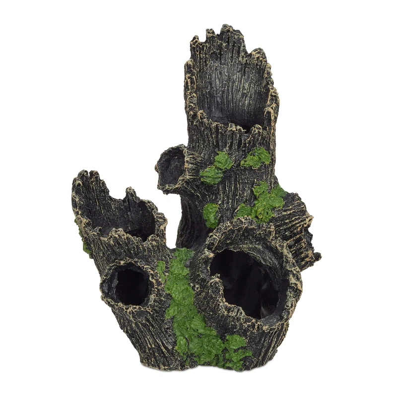 Relaxdays Aquarium Decoration, Tree Trunk Cave, Natural Look Ornament, Resin, Fish Tank, HWD 16.5x15.5x11cm, Black/Green