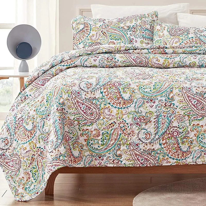 SLEEP ZONE 3-Piece Printed Quilt Set - Full/Queen Size - Lightweight Reversible Bedding Coverlet Set for All Season (Classic Paisley Pattern), Full/Queen (90x96 inch | 2 Pillow Shams)
