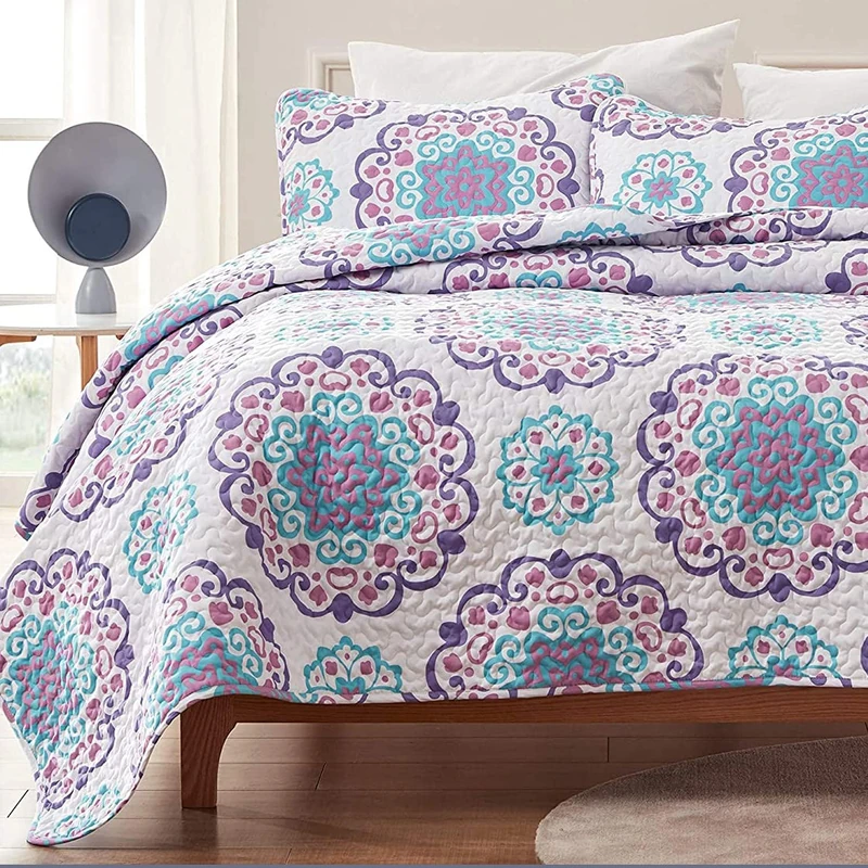 SLEEP ZONE 3-Piece Printed Quilt Set - King Size - Lightweight Reversible Bedding Coverlet Set for All Season (Classic Circle Pattern), King (106x96 inch | 2 Pillow Shams)