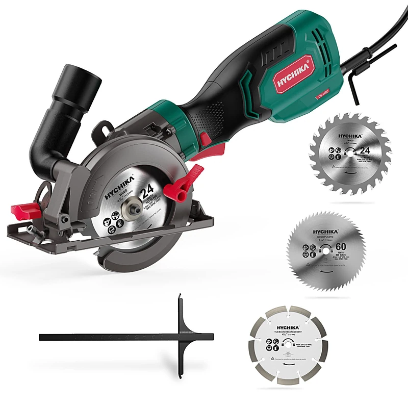 HYCHIKA Circular Saw, 750W 3500RPM with 3 Blades(115 and 125mm), Scale Ruler, Cutting Depth 48mm(90°), 32mm(45°), Compact Circular Saw for Plastic, Tile and Soft Metal