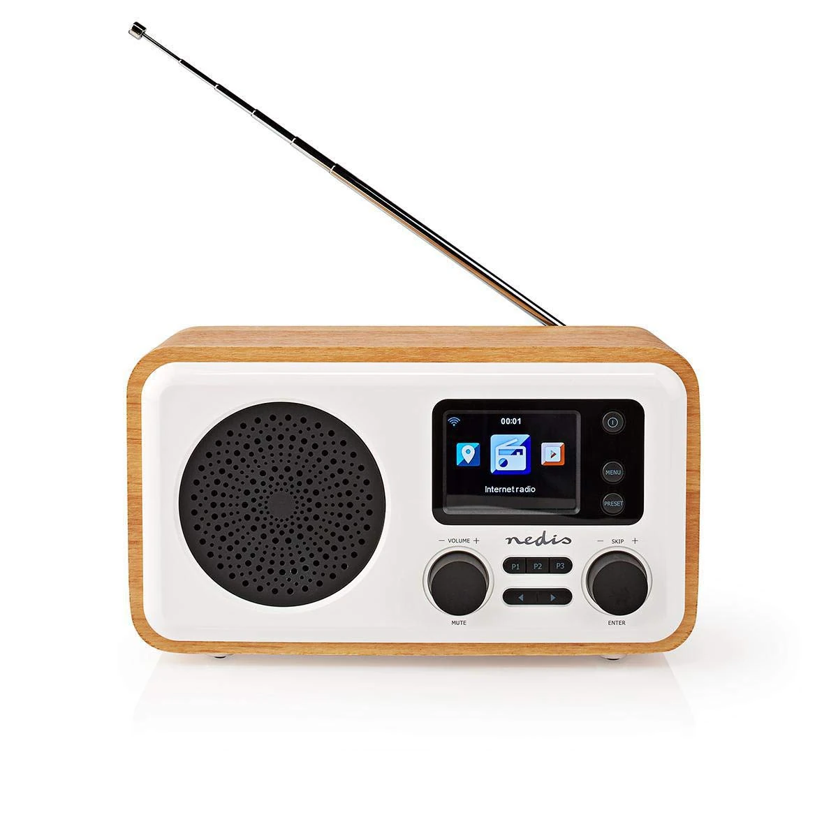 Nedis RDIN2000WT Internet Radio | Table Design | Bluetooth® / Wi-Fi | DAB+ / FM / Internet | 2.4 " | Colour Screen | 7 W | Remote controlled | App controlled | Alarm clock | White/Wood