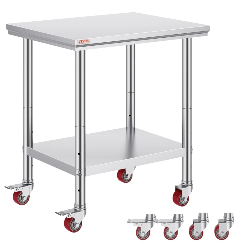 VEVOR Stainless Steel Catering Work Table 30x24 Inch Commercial Work Table with 4 Wheels Commercial Food Prep Workbench with Flexible Adjustment Shelf for Kitchen Prep Table