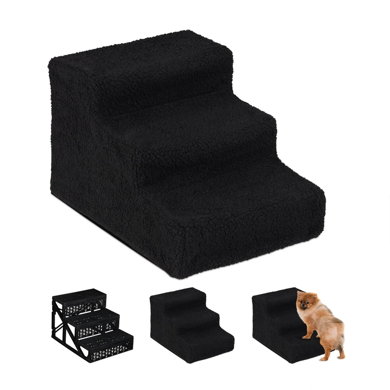 Relaxdays Dog Stairs, 3 Steps, Pets Access Ramp, Climbing Aid Bed, Sofa & Car, Max. 33 kg, 30x35x45 cm, Black
