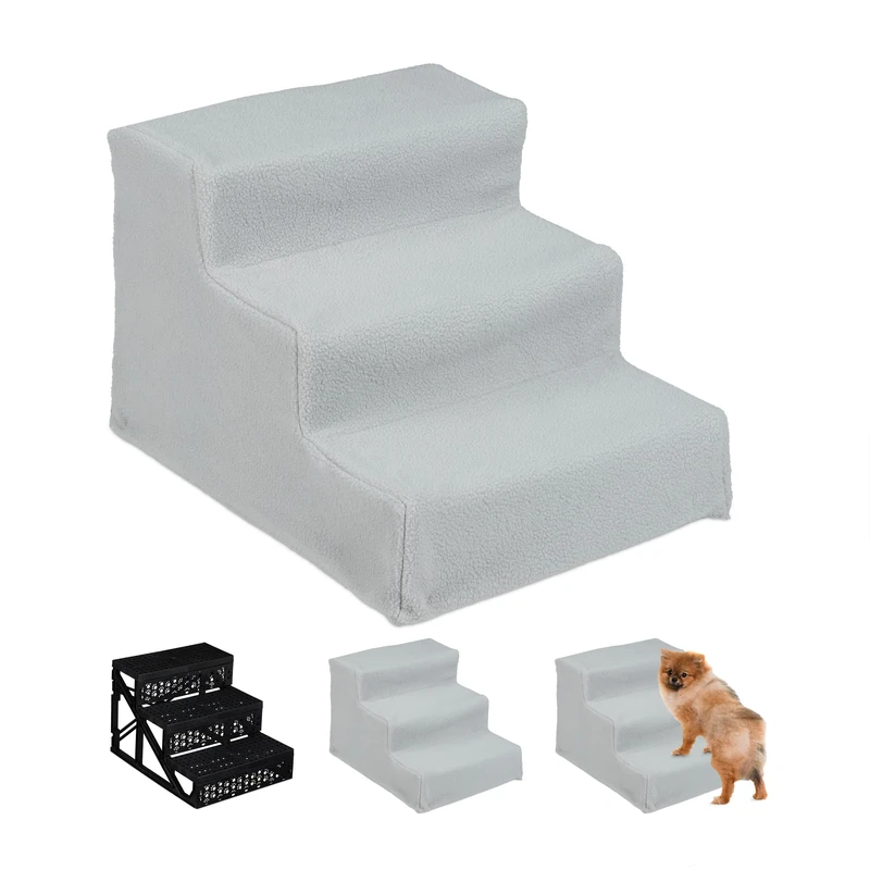 Relaxdays Dog Stairs, 3 Steps, Pets Access Ramp, Climbing Aid Bed, Sofa & Car, Max. 33 kg, 30x35x45 cm, Grey