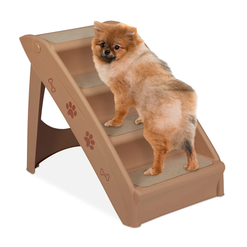 Relaxdays Dog Stairs, 4 Steps, Pets Access Ramp, Climbing Aid Bed, Sofa & Car, Max. 100 kg, 49x39x61 cm, Beige