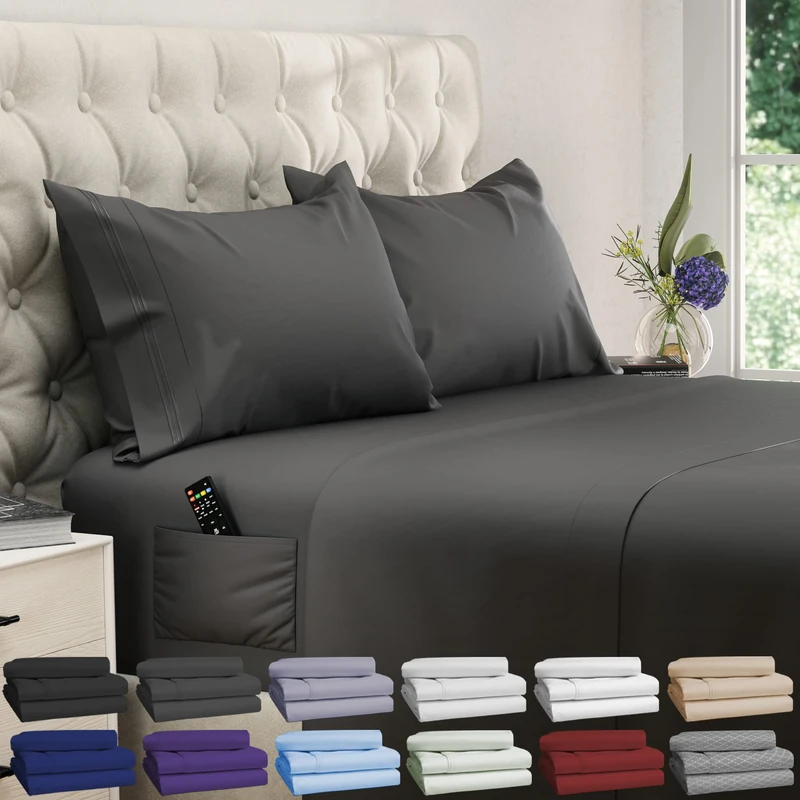 DREAMCARE Queen Sheet Set – 4 pcs Cooling Sheets – Extra Deep Pocket – Hotel Luxury Sheets & Pillowcases – Superior Softness 100% Fine Microfiber with Side Pocket – Gray