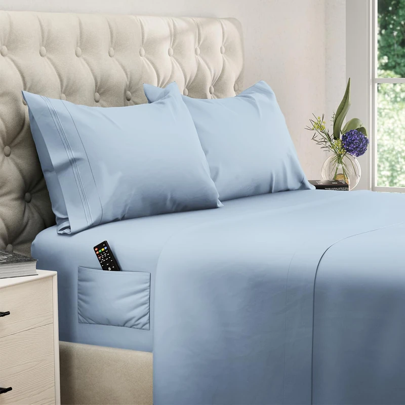 DREAMCARE King Size Bed Sheet Set with Extra Deep Pockets - 4 Piece Bedding Set, Light Blue