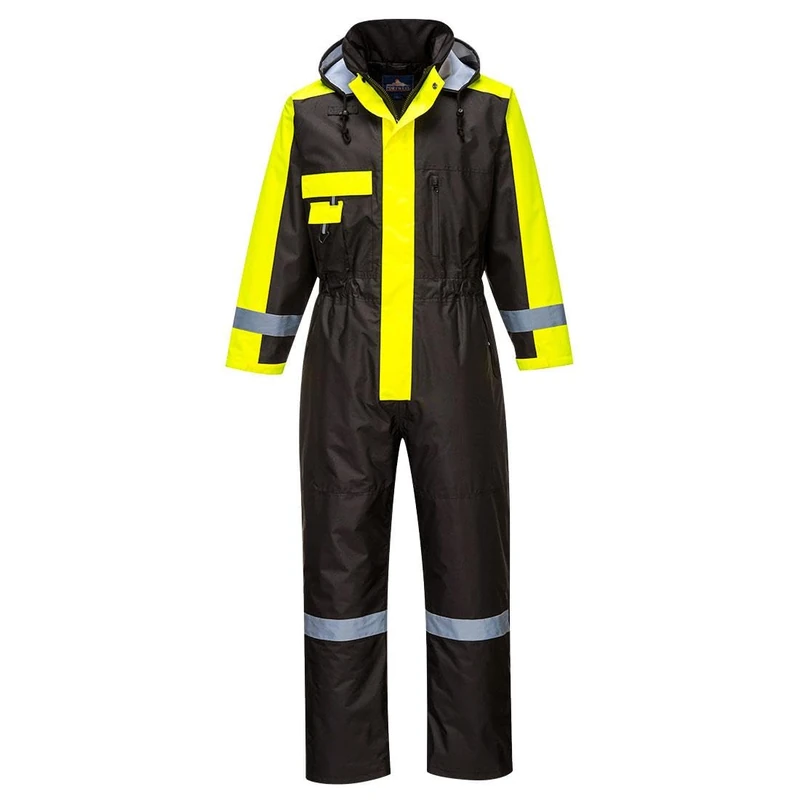 Portwest S585 Men's Hi Vis Winter Work Overalls Waterproof Protective Boiler Suit 300D Polyester Coveralls Durable Thermal Lined Workwear Rain Suit Black, Small