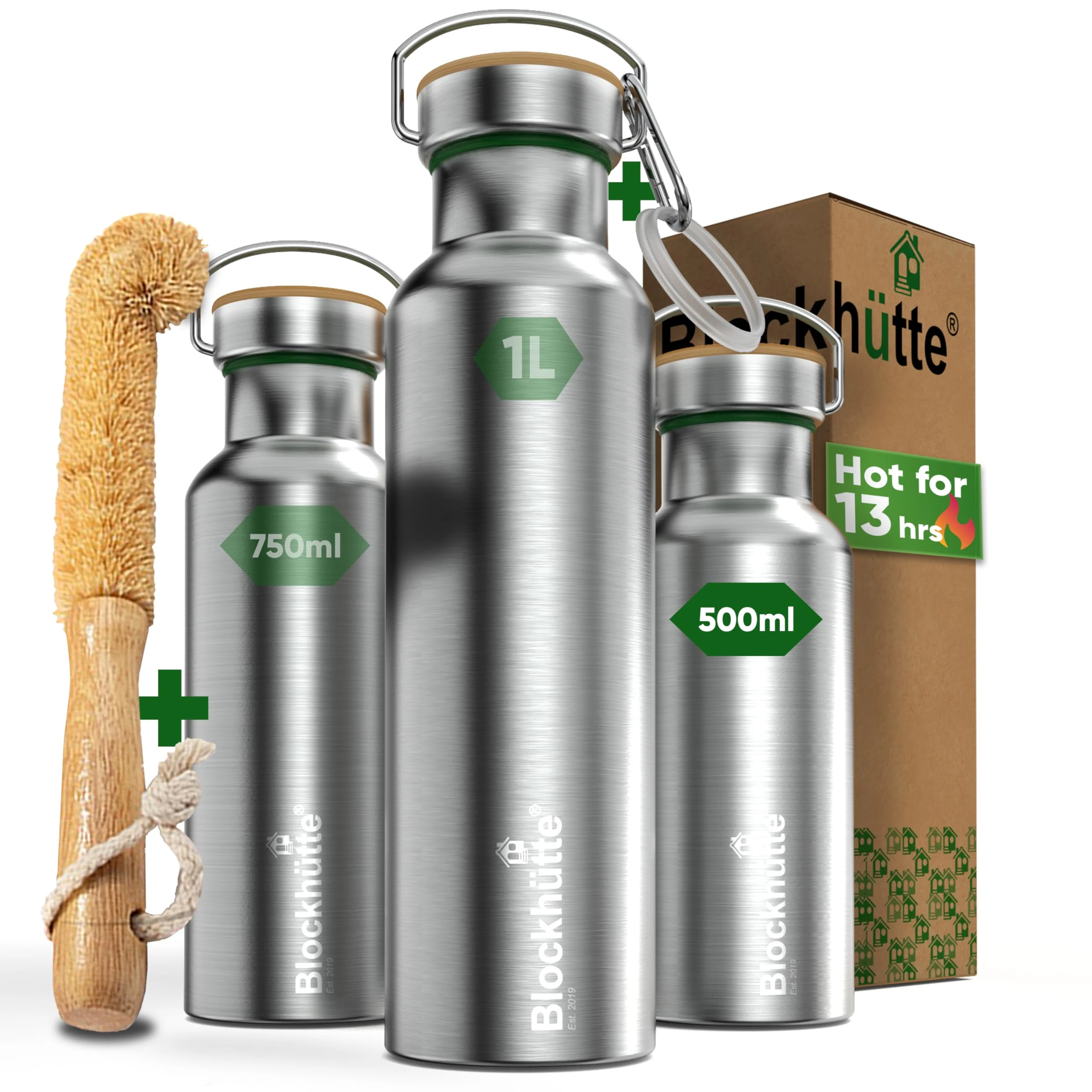 Blockhütte Stainless Steel Water Bottle I 500ml I Insulated Metal Flask, BPA Free, Leakproof, Dishwasher Safe, Ideal for Gym, Travel, Home Use, Cold Drinks, Reusable, with Cleaning Brush