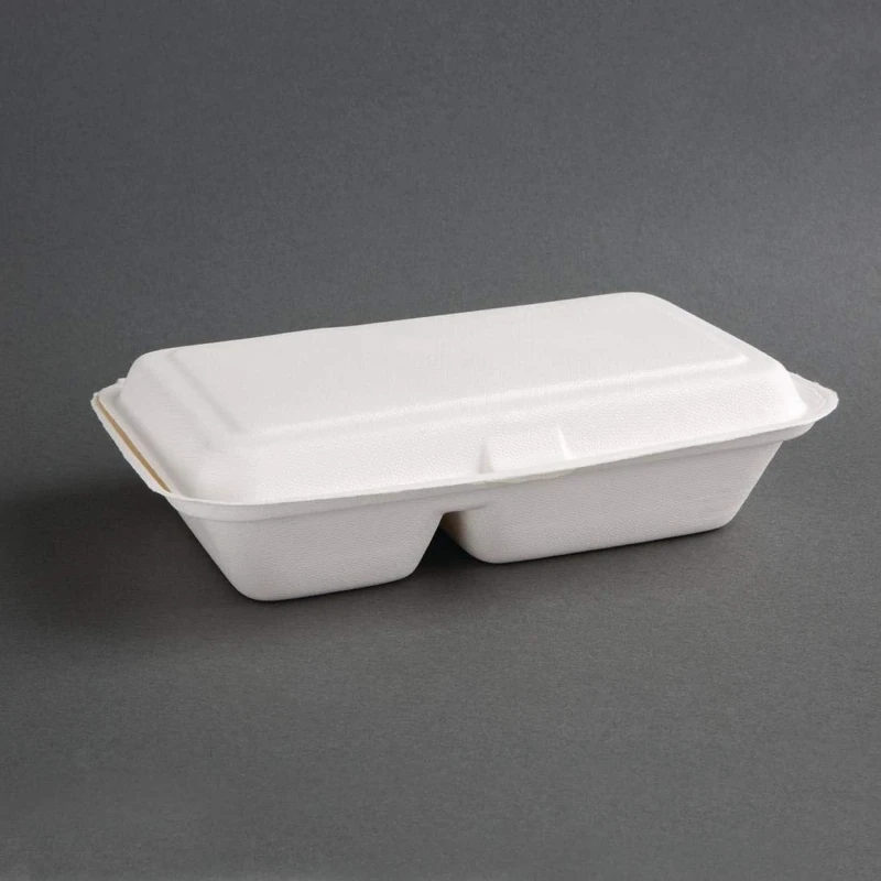 Fiesta Compostable Bagasse Hinged 2-Compartment Takeaway Food Containers 253mm (Pack of 200), 165(W) x 253(D) mm | 6 1/2 x 10 inch, White, Commercially Compostable BS EN 13432, FC524